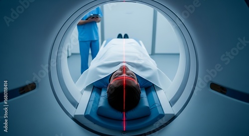 Woman lies in a scanner as technician checks the device for safety