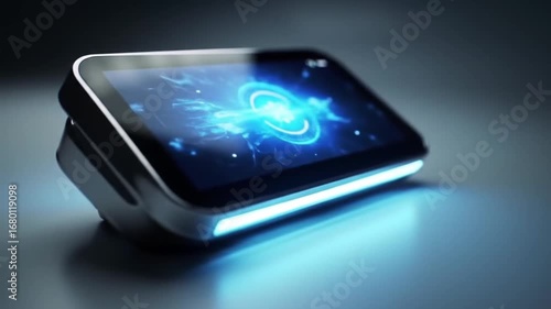 Wallpaper Mural A futuristic smart device with a sleek design, featuring a luminous blue screen displaying a swirling abstract energy core or digital galaxy Torontodigital.ca