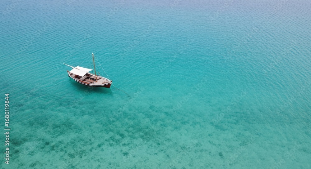 Fototapeta premium Wooden boat floating on clear turquoise sea in peaceful tropical paradise