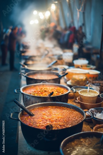 A community soup kitchen serving steaming bowls of food to long lines of people The mood feels humble and caring, Generative AI