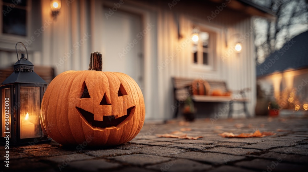 Fototapeta premium Festive Halloween Pumpkin Decoration with Lantern and Warm Lighting for Spooky Season Celebrations