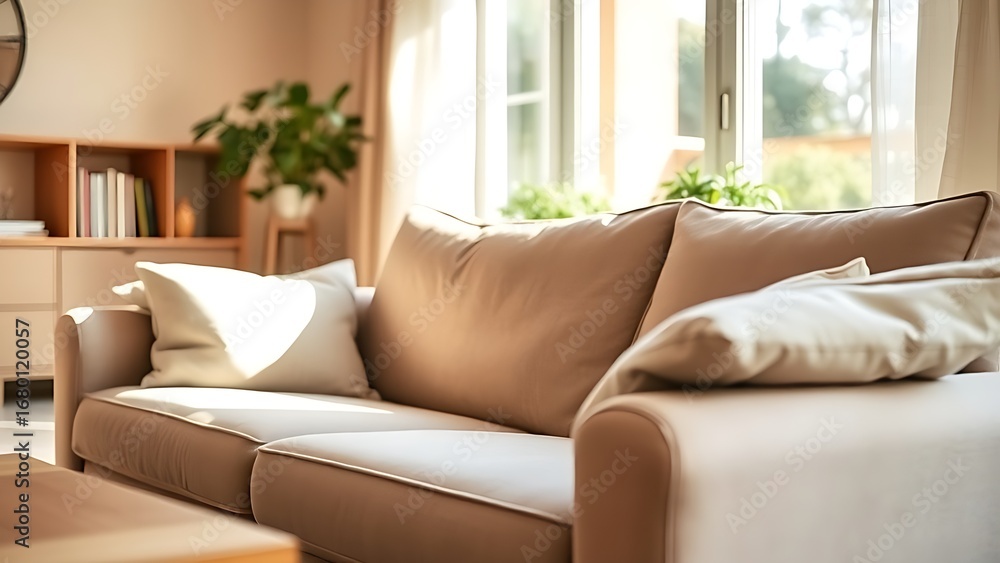 Fototapeta premium Comfortable sofa in a warm living room setting, bathed in soft afternoon light from a nearby window.