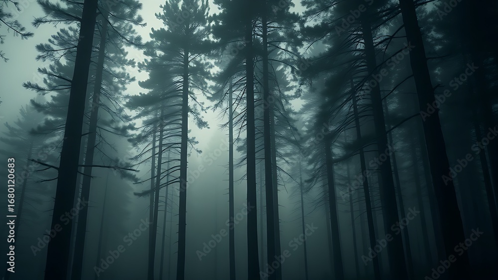 Fototapeta premium A misty forest at dusk, tall pines shrouded in fog, evoking a sense of mystery and quiet solitude.