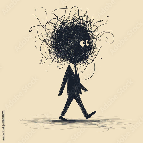 Vector illustration of a frustrated businessman walking with a tangled scribble for a head, symbolizing mental stress, burnout, confusion, or business related anxiety