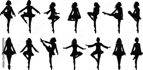 Female dancer silhouette vector illustration, women performing dance poses, elegant choreography artwork, graceful movement design, stage performance art, modern lifestyle concept graphic