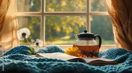 Knitted blue blanket on table in front of open window, with upright book, glass teapot (black handle, red loose-leaf tea) and dandelion beside it; sunlight through large windows casts orange glow