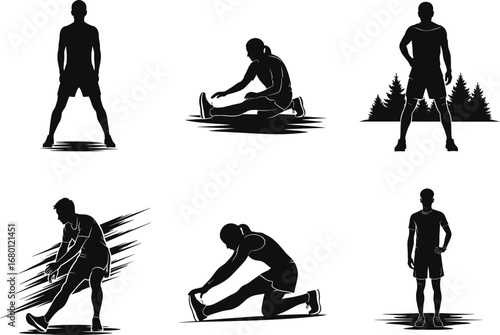 Fitness man silhouette stretching vector illustration, workout exercise artwork, sports training design, athlete warm up poses, health lifestyle concept, gym activity graphic art