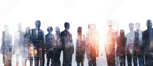 A silhouette of people against a cityscape, blending urban life with human presence, symbolizing connection and collaboration in a modern environment.