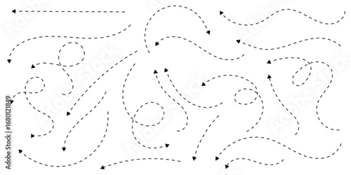 Hand drawn curve dotted line, Spiral dotted line hand drawn, Dotted lines path on white background. Path travel dotted line trip dashed trace destination track plan and silhouette, travelling symbol. 