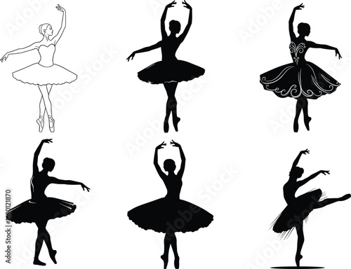 Ballerina silhouette vector illustration, classical ballet dancer performing poses, elegant dance artwork, graceful movement concept, stage performance art, modern ballet design, lifestyle