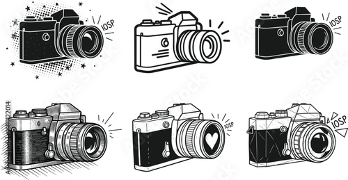 Vector camera illustration set, vintage photo camera silhouette, photography equipment artwork, modern digital design, retro camera concept, professional photographer lifestyle graphic