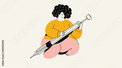 Cartoon illustration of woman holding weight loss injection modern hand drawn style