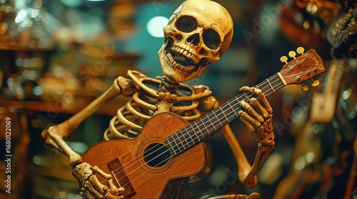 Skeleton playing ukulele in a vintage shop setting