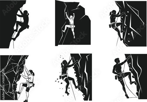 Rock climbing silhouette vector illustration, extreme sport adventure artwork, mountaineering cliff climbing concept, outdoor challenge design, mountain climber action pose, adventure lifestyle art
