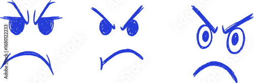 Three hand-drawn angry cartoon faces in blue ink expressing rage and frustration on a white background.