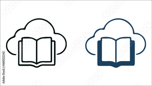 Digital book icon with an open book in a cloud, simple and modern design that conveys the essence of online learning and accessible information.