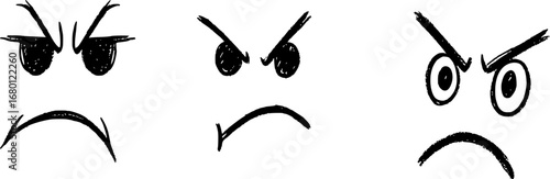 Three cartoon faces showing different expressions of anger, with furrowed brows and downturned mouths.