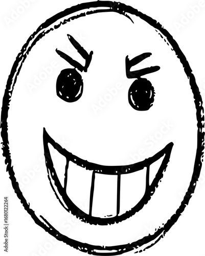 A hand-drawn black and white sketch of a mischievous smiley face with an evil grin.