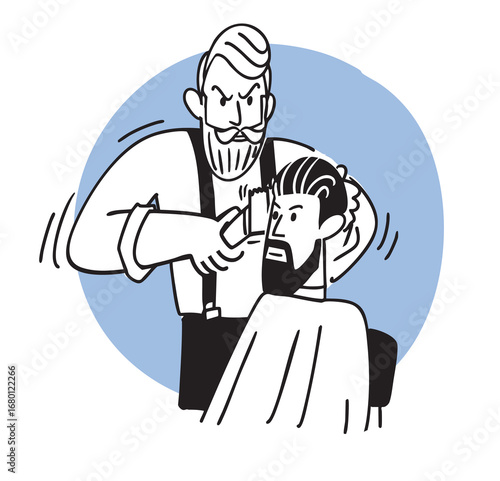 Barber cuts a customer's hair in a barbershop, giving him a delightful modern haircut. Hand-drawn conceptual business  illustrations. Cartoon style in vector.