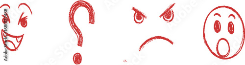 A collection of red sketched faces expressing different emotions and a question mark.