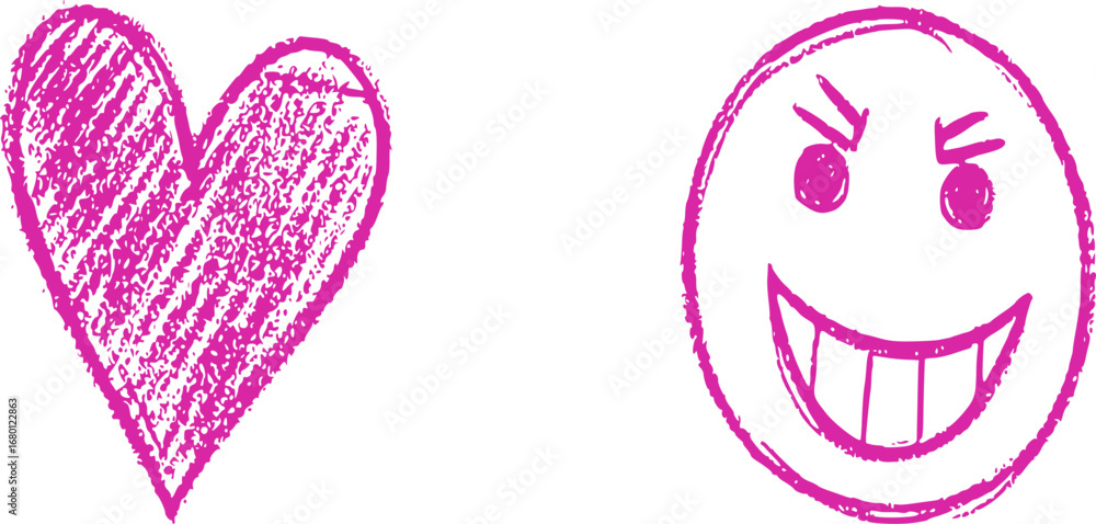 Obraz premium A pink heart and a smiling face with evil eyes, hand-drawn and scribbled on white background.