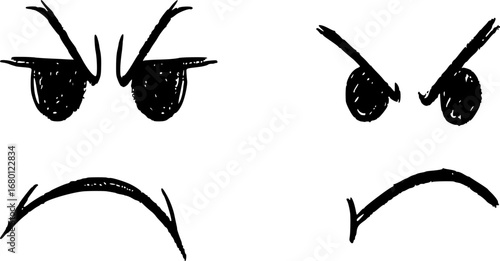 Two hand-drawn, simple cartoon faces expressing anger or displeasure with furrowed brows and frowning mouths on a white background.