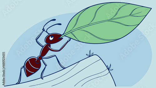 Cute cartoon ant eat leaf, a funny insect character illustration for children