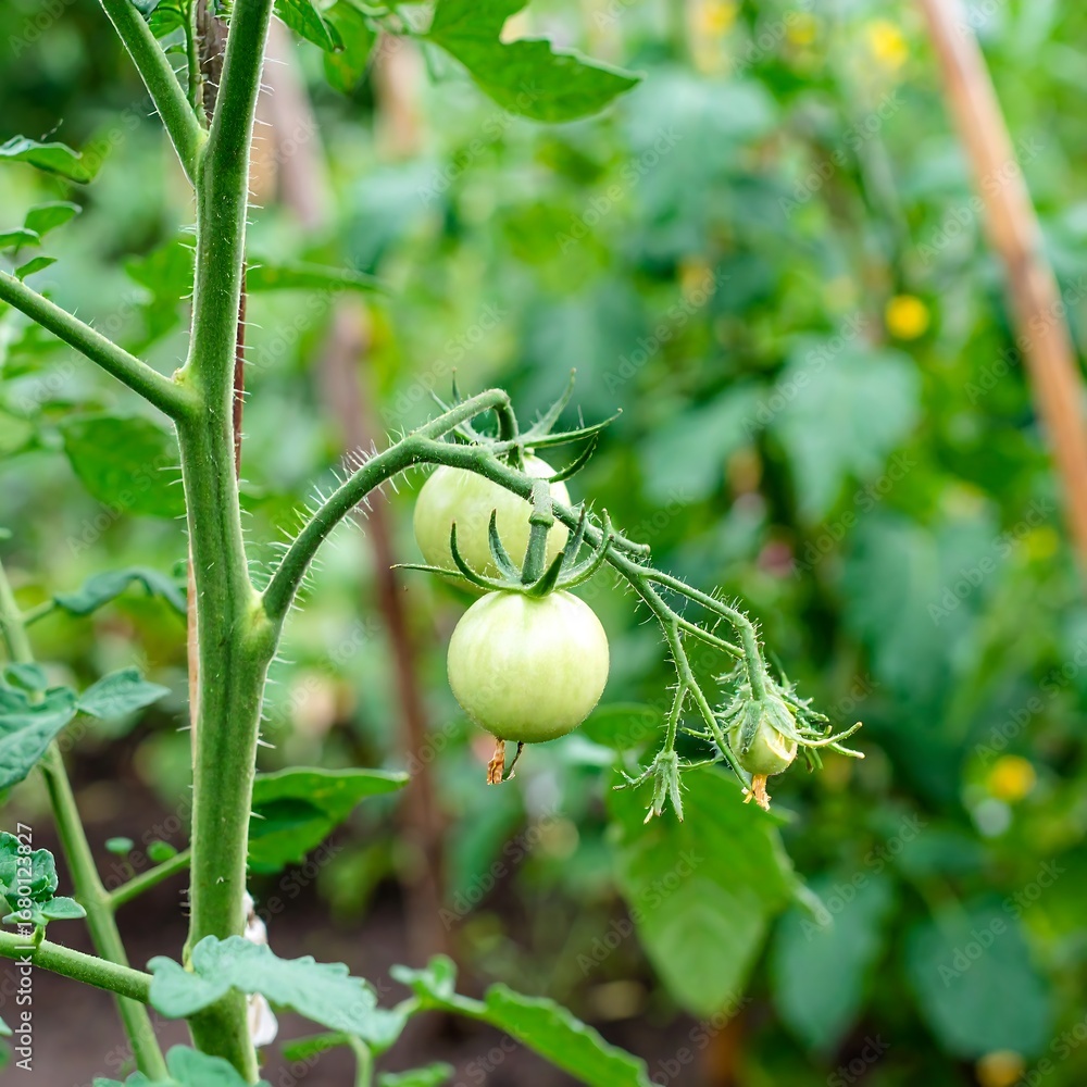 Fototapeta premium Green unripe tomatoes growing on a vine in a garden.