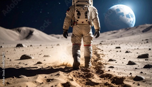 Alien leaving new footprints on dusty moon surface, distant space background, 8K detail