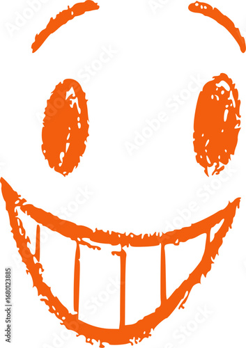 A simple, hand-drawn orange smiley face with wide eyes and a broad grin.