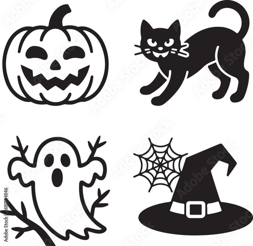 Four classic halloween icons including jack o lantern black cat ghost and witch hat silhouette