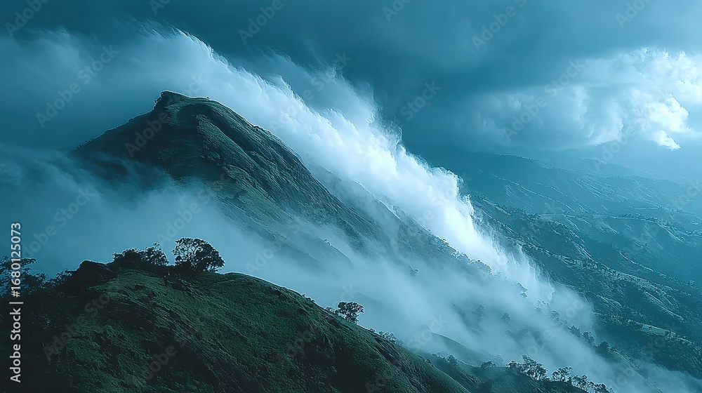 Fototapeta premium Mountain peak shrouded in mist under a cloudy blue sky.