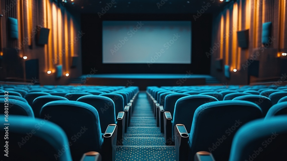Fototapeta premium Empty Blue Seats in a Movie Theater Facing a Large Screen