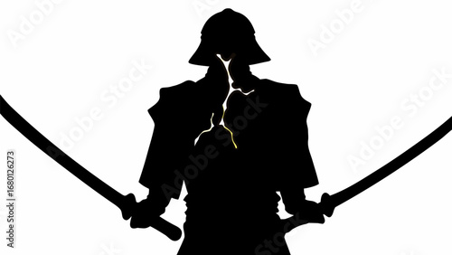 Silhouette of a samurai warrior in armor holding two katanas against a white background with lightning