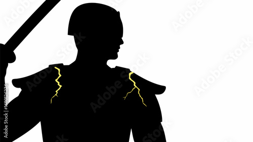 Silhouette of a warrior with helmet and shoulder armor holding a weapon ready to strike position