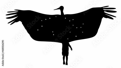 Silhouette of a person under a bird with star patterns on its wings against a white background