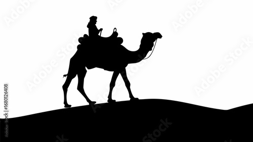Silhouette of a camel with a rider on a dune against a white background in a simple black and white style