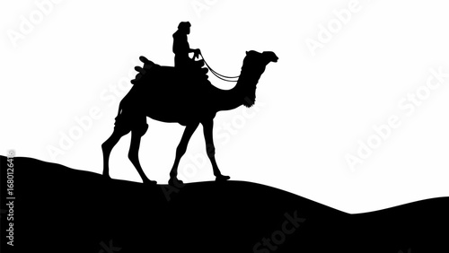 Silhouette of a man riding a camel on a dune against a white background in a simple black and white style