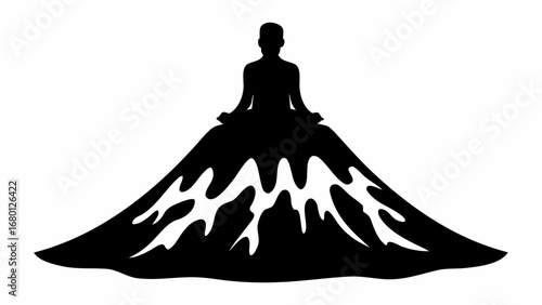Silhouette of a person meditating on top of a mountain with snow caps in a black and white illustration