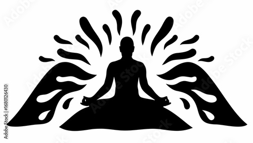 Silhouette of meditating person with radiating energy or water splash effect in black and white design