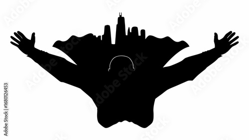 Silhouette of a person with outstretched arms and a city skyline superimposed on their back area