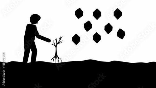Silhouette of a person tending to a small tree with floating geometric shapes in the background landscape