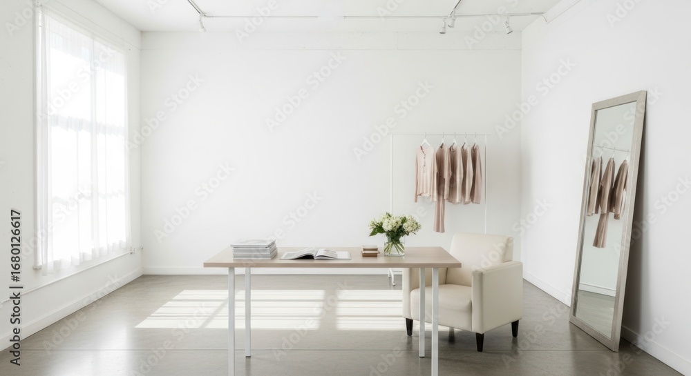 Fototapeta premium Bright Minimalist Studio Interior with Fashion Display, Desk, Armchair, and Natural Light
