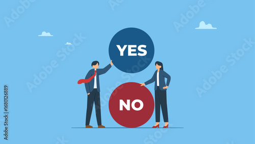 Businessman and woman arguing or fight with yes and no sign. Yes, No argument or disagreement, conflict fight debate, dilemma, dispute or office rivalry war, struggle, negative discussion.