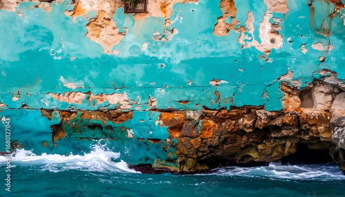 Turquoise Wall Eroded by the Sea, Coastal Erosion and Abandoned Buildings Meeting the Sea, Turquoise Sea and Eroded Cliff