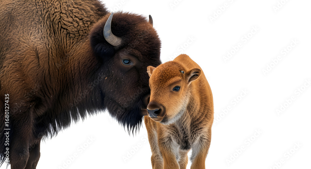 Fototapeta premium A tender moment between a bison and its calf, a symbol of nature's bond. The calf stands close to the adult, exuding warmth and affection.