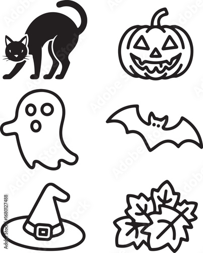 Collection of halloween icons featuring a black cat ghost pumpkin bat witch hat and autumn leaves silhouette
