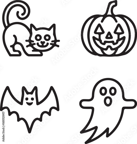 Four halloween icons featuring a black cat jack o lantern bat and ghost silhouette