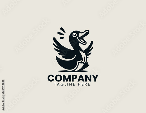 Excited duck silhouette illustrated as playful vector logo in minimal black design for cheerful branding