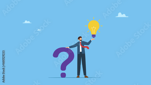 Smart businessman holding question mark sign and lightbulb solution. Question and answer, q and a or solution to solve problem, FAQ frequently asked question, help or creative thinking idea.